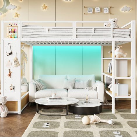 Cama alta metálica 140x200 blanca con armario abierto, estantes, tablero perforado y LED (1/5)