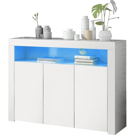 Sideboard mit 3 Türen, 2 Offenen Fächern und LED, aus Spanplatte, Weiß, 130×35×95 cm (1/5)