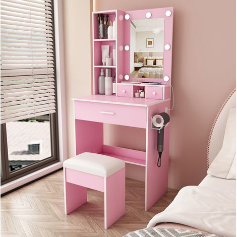 Bureau coiffeuse LED 3 modes, tiroirs, MDF rose HAVRYA (1/5)