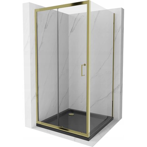 Mexen Apia cabine de douche coulissante 100 x 100 cm, transparent, or + receveur Flat, noir - 840-100-100-50-00-4070G