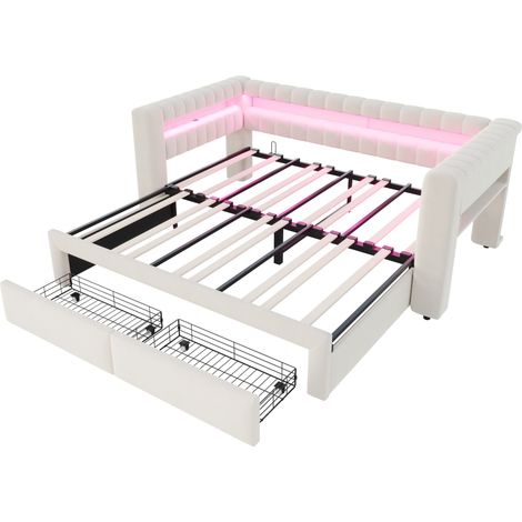 Cama sofá tapizada beige 90x190 cm extensible con cajones, almacenaje, LED y USB-C (1/5)
