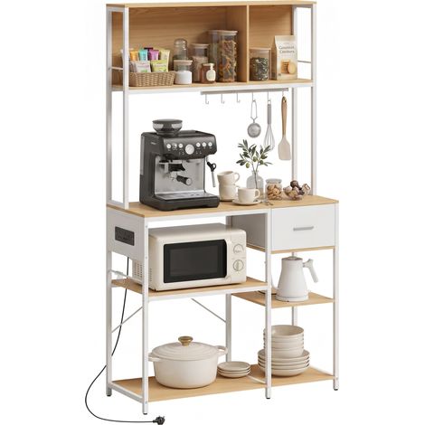 HOMCOM Kitchen Storage Rack with Power Outlet, Drawer, Oak and White (1/5)