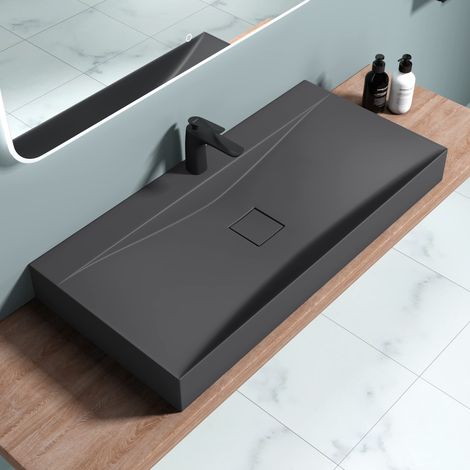 doporro Lavabo da Appoggio o Sospeso Rettangolare Lavandino Bagno con Foro per Rubinetto e Montaggio a Parete, 100x48x12 cm in Marmoresina Antracite Opaco - Colossum810 (1/5)