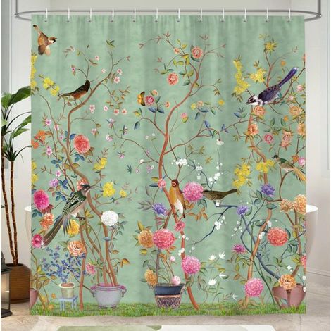Rideau de douche à motifs d'oiseaux et de fleurs - Rideau de douche - Rideau de salle de bain - Style vintage - Imperméable - 180 x 180 cm - Comprend 12 crochets - Vert - Polyester vert (1/5)
