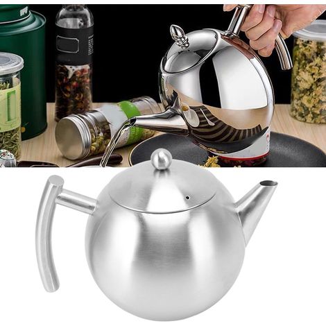 Cafetière en acier inoxydable, pot à huile d'olive, pot à perles argentées, théière avec filtre, théière à fond plat de 1,5 L (1/5)