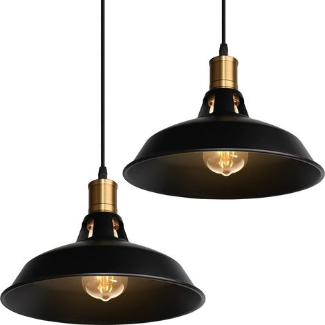 Suspension Lustre Industrielle Vintage Luminaire Plafonnier E27 Salon Abat-jour Plafond en Métal Rétro Style Nordique Design Câble Réglable (Noir, 2pcs) (1/5)
