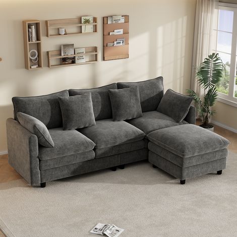 Canapé d'angle en L avec 4 coussins décoratifs et 3 dossiers, canapé 3 places avec méridienne, canapé moderne pour salon et bureau, charge maximale 120 kg, dimensions 212 × 150 × 90 cm, gris (1/4)