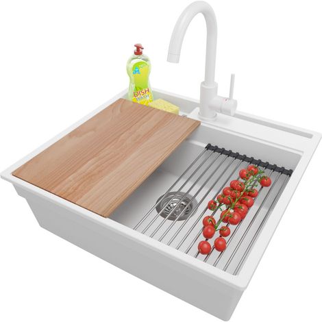 PRIMAGRAN Evier Cuisine en Granit 58x53cm, Lavabo 1 bac + Robinet 32x20cm + Kit de Vidage + Accessoires, Évier à Encastrer au meuble 60cm - Oslo Pocket, Blanc (1/5)