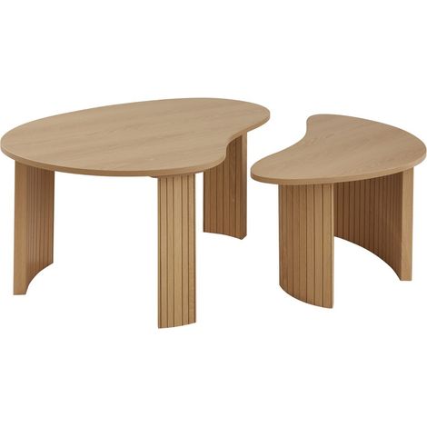 Calicosy – Lot de 2 tables basses organiques 80x60cm – Décor bois mélaminé – Pieds arrondis en lattes juxtaposées – Hauteur 40cm (1/5)