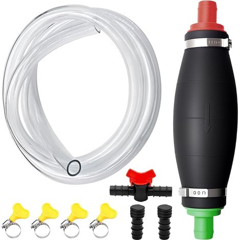 Pompe manuelle pour le transfert de liquides–Pompe de transfert XL avec fonction vide,tuyau PVC EXTRA-LONG résistant au carburant de 2,5m avec bouchon et régulateur de débit pour essence, huile et eau (1/5)