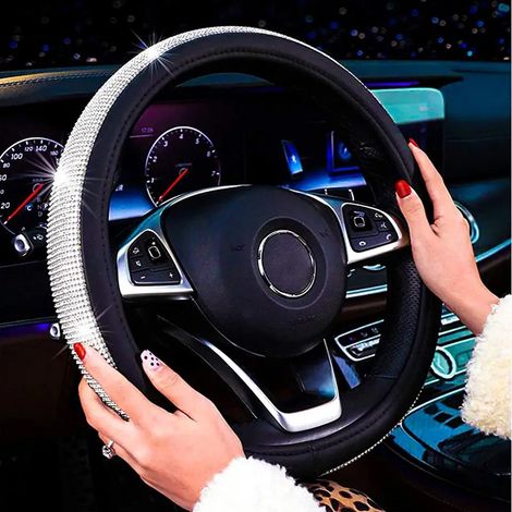 Coprivolante per Auto Nero Diamond Strass Bling 38cm Pelle PU Antiscivolo Stile Glitter per Donna Ragazza (1/4)
