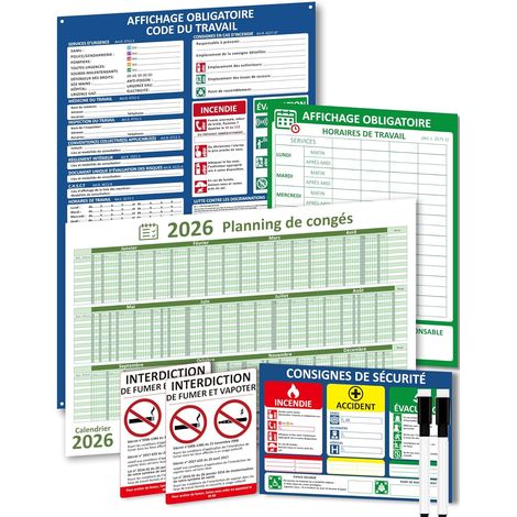 Affichage Obligatoire Entreprise 2026 Panneaux PVC Résistants avec Fixations Incluses – Horaires de Travail, Consignes de Sécurité, Code du Travail, Planning des Congés (1/5)
