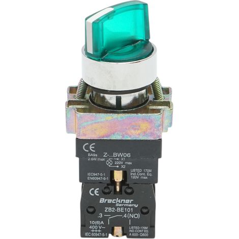 Selettore a 2 posizioni con ritenuta e indicatore di segnalazione LED verde 1NO+1NC, 220V, LAY5 Breckner Germany (1/4)