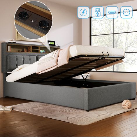 Polsterbett 160/200 cm grau aus Leinen mit Stauraum, verstellbarem Kopfteil und USB-C (1/5)