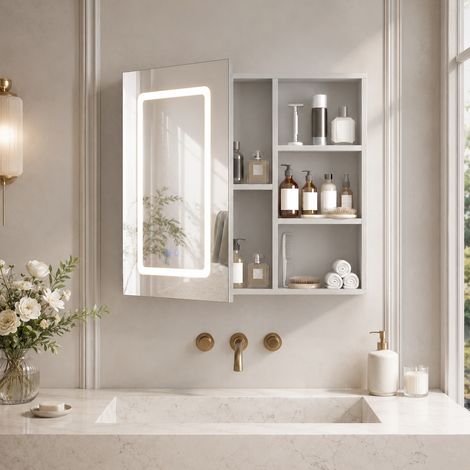 Armoire de toilette 60×15×60 cm,1 porte et étagères réglables,meuble miroir salle de bain,lumière LED,verre trempé,meuble mural miroir bain,HD anti-buée, grande capacité, style moderne, Blanc (1/5)