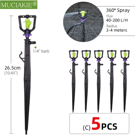 Lot de 5 (24 pièces) : 24 types d'arroseurs de jardin avec piquet, goutteurs à réfraction à atomisation réglable, buses à vortex, raccord cannelé 1/4''. (1/5)