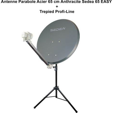 Kit Parabole Acier 65 cm Anthracite Sedea + Trepied Réglable jusqu'à 180 cm - Gain 36,5 dB, Facteur de Bruit 0,1 dB, Montage facile