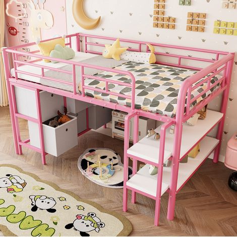 Cama alta infantil 90x200 cm con almacenaje, rosa, metal/MDF, sin colchón FloraGrace (1/5)