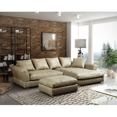 Ecksofa Sofa TIZIAN inkl. Hocker in Stoff Preston Beige Ottomane Rechts (1/2)