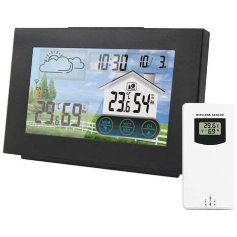 Station Météo sans Fil Réveil électronique Snooze Thermomètre Numérique Hygromètre Intérieur sans Fil Extérieur avec Alerte Grand écran Coloré LCD/Prévisions Météo/Bouton Tactile (1/4)