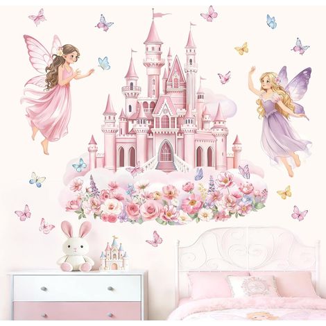 Stickers Muraux Château Rose Fille Fée Autocollant Mural Fleur (1/5)