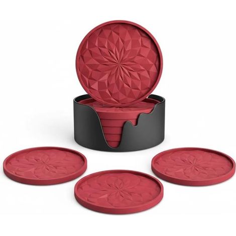 Dessous de verre en silicone, lot de 6, protège-tables, résistants à la chaleur, antidérapants, 10 x 10 cm, rouges (1/5)