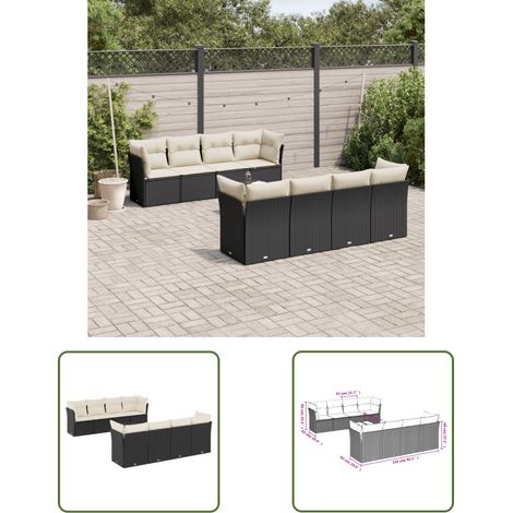 The Living Store 9-tlg. Garten-Sofagarnitur mit Kissen Schwarz Poly Rattan - Gartenmöbel - Outdoor Möbel - Rattan Sofa - Esstisch Set - Lounge Set (1/3)