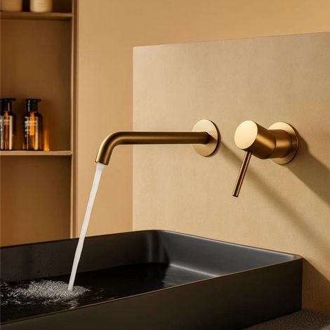 Exagonshop Rubinetto lavabo da incasso a muro in oro spazzolato