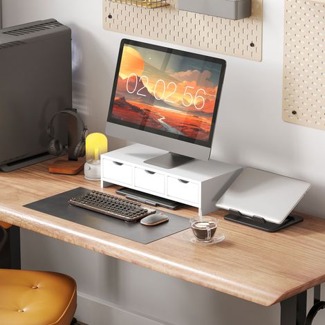 Support pour écran d'ordinateur portable avec 3 tiroirs, 51 x 24 x 13 cm, blanc (1/5)