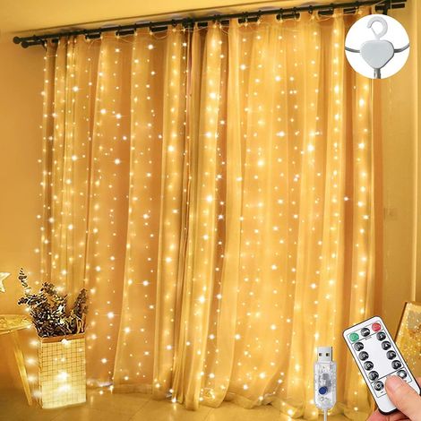 Rideau lumineux 3 m x 3 m, 300 LED, 8 modes, télécommande, minuterie, luminosité réglable, guirlande lumineuse pour chambre, jardin, fête, mariage, Noël (blanc froid) (1/5)
