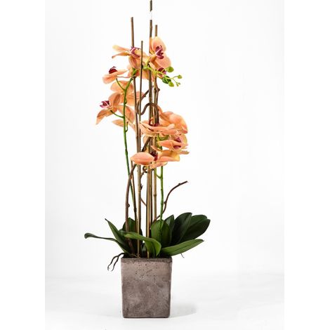 PHALAENOPSIS ORCHIDEA ARTIFICIALE 80CM CON VASO QUADRATO ARANCIONE FIORI PIANTE ARTIFICIALI