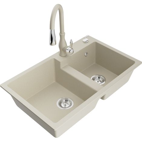 Mexen Tomas granitspüle 2-kammer mit küchenarmatur Savita, beige - 6516-69-672601-69 (1/5)