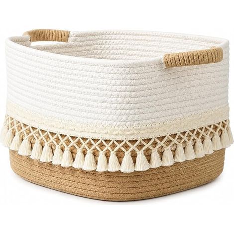 Panier de rangement en corde de coton tressée style bohème avec pompons, pour étagères, vêtements de bébé, vêtements, jouets, salon, chambre, salle de bain, 38×25×22 cm. (1/5)