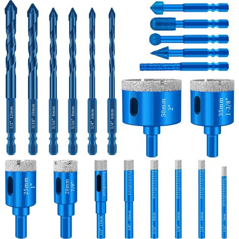 Foret Carrelage 10 Pièce Foret Diamant 5/6/8/10/12/20/25/35/50mm, 6 Pièce Meche Carrelage 6/8/10/12mm et 5 Forets de Meulage M6 Trépan Carrelage pour Céramique Verre Marbre Granit (1/5)