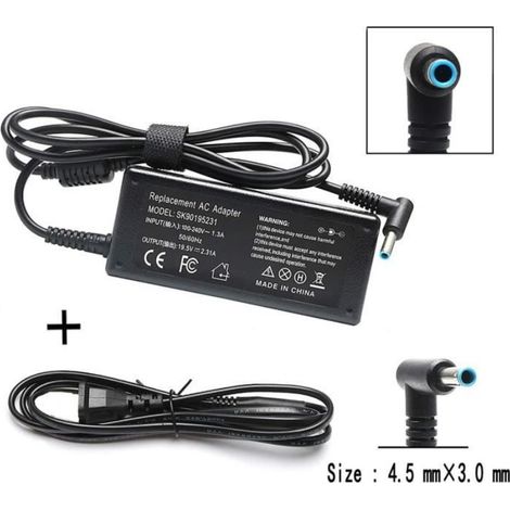Chargeur ordinateur portable HP 15-f004wm 45W 19.5V 2.31A, connecteur 3.0x4.5mm