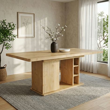 Table à manger extensible rectangulaire 140-180x80x75cm avec rangement, style scandinave, plateau épais, pour 6-8 personnes, chêne clair (1/5)