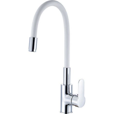 Robinet de Cuisine Flexible Bec Haut Orientable Librement Mitigeur Évier Flexible Laiton Chromé et Blanc Robinet Evier Monotrou à Eau Chaude et Froide,Robinet de Cuisine avec Bec Flexible, Mi (1/3)