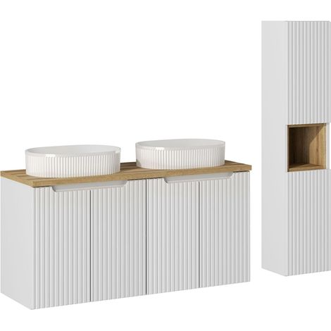 Doppelwaschtisch und Hängesäule 120cm Riva, Weiß und Holzoptik