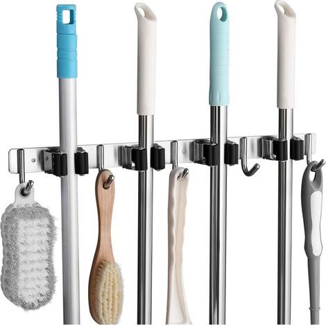 Porte Escoba de Pared en Acero Inoxidable, Soporte de Muro para Escobas con 4 Espacios y 5 Ganchos para Cocina, Baño, Garaje y Jardín, Negro (1/4)