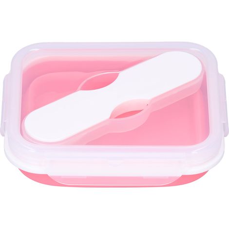 600 ml pinkfarbene, isolierte Silikon-Lunchbox mit integriertem Besteck (Gabel und Löffel) für Büro, Schule oder unterwegs (1/5)