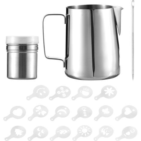 Ensemble D'art du café en Acier Inoxydable, 19 Pièces, Comprenant un Pichet à Mousse de Lait et des Pochoirs pour les Amateurs café Débutants à la Maison (1/5)