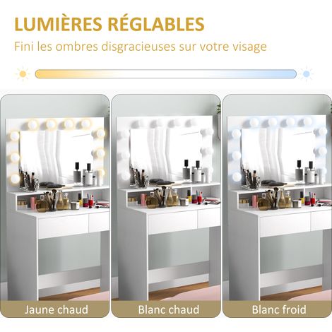 Coiffeuse miroir Hollywood 3 modes 10 ampoules 80x40x135 cm blanc