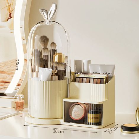 (Grand format crème) Boîte de rangement rotative à 360° pour pinceaux de maquillage, présentoir cosmétique de bureau avec tiroirs