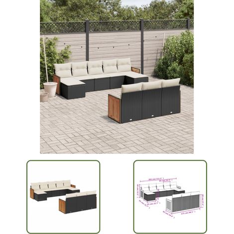 The Living Store 10-tlg. Garten-Sofagarnitur mit Kissen Schwarz Poly Rattan - Gartensorte - Gartenmöbelset - PE-Rattan Möbel - Outdoor Lounge Set - Balkonmöbel