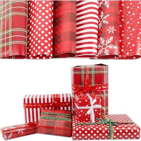 hojas de papel de regalo navideño rojo con cinta blanca y cinta adhesiva de doble cara para regalos de Navidad y cumpleaños, 50 x 70 cm (1/3)