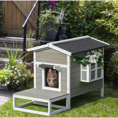 Casa para gatos con terraza y balcón, madera de abeto, gris y blanco, 115 x 66,5 x 74,7 cm HAVRYA (1/5)