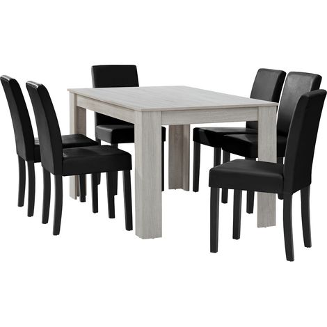 Mesa de comedor + 6 sillas Forssa MDF y polipiel 140x90x77cm - Roble blanco + Negro [en.casa]