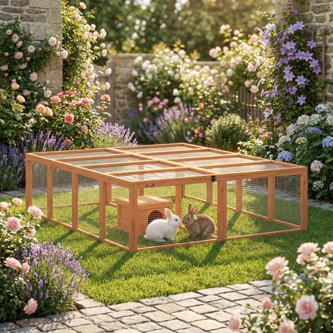 Clapier en bois à 2 portes, abri pour 2 à 4 lapins nains, 180,4 x 150 x 48 cm, orange (1/5)