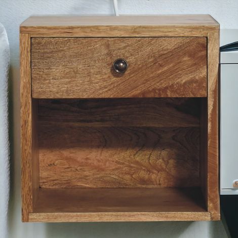 Étagère, en bois massif et bois, 1 tiroirs, 1 niveaux de rangement, marron, pour maison et usage quotidien, 1 tiroir et 1 étagère