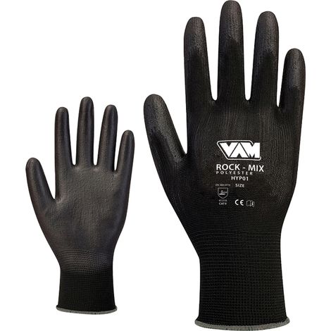 GUANTI DA LAVORO ROCK MIX POLIESTERE SPALMATO POLIURETANO NERO 12 PAIA S-XXL MED, "M"